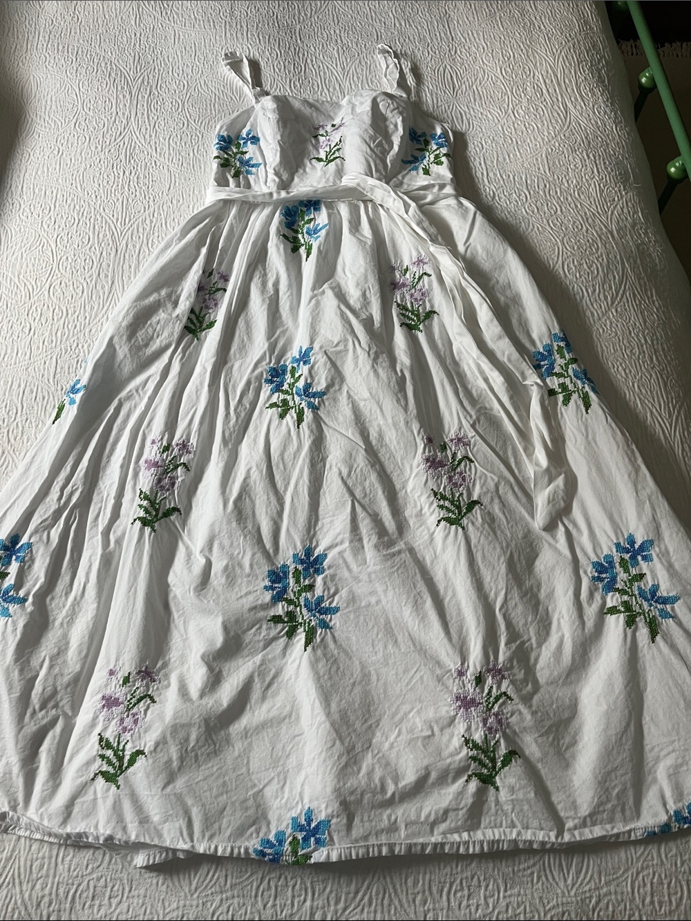 Lea White Cotton Midi Dress with Embroidered Blue & Purple Flowers, Size Medium